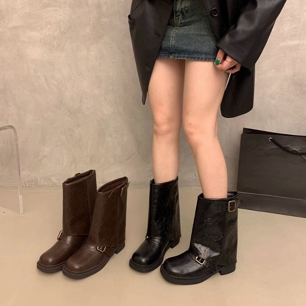 レディースファッション　ショートブーツ靴　秋冬太いヒール　美脚効果オシャレブーツ