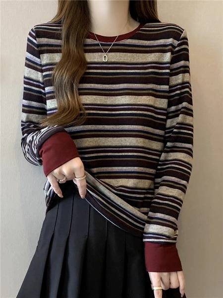 馬鹿でかい大きさ長袖プルオーバー 縞模様 レーディスファション商いもの 一般受け厚地の外套