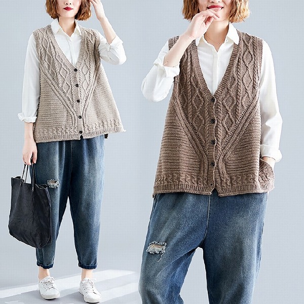 レーディスファション洋服　ニットベスト　Vネック　カジュアルトップス｜ドレミファソラ・ねこ