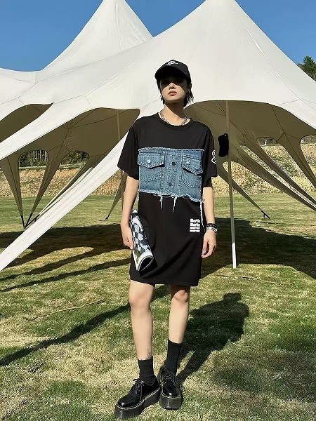 夏新作レディース流行り物 心地よい ジーンズパッチワーク 半袖衣装