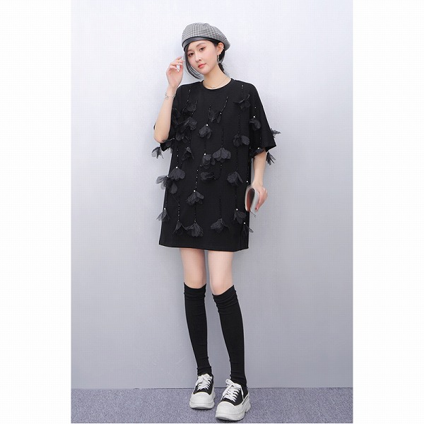 新作レディースファッション　カジュアル　ゆったり　オシャレ　半袖tシャツ風ワンピース｜ドレミファソラ・ねこ
