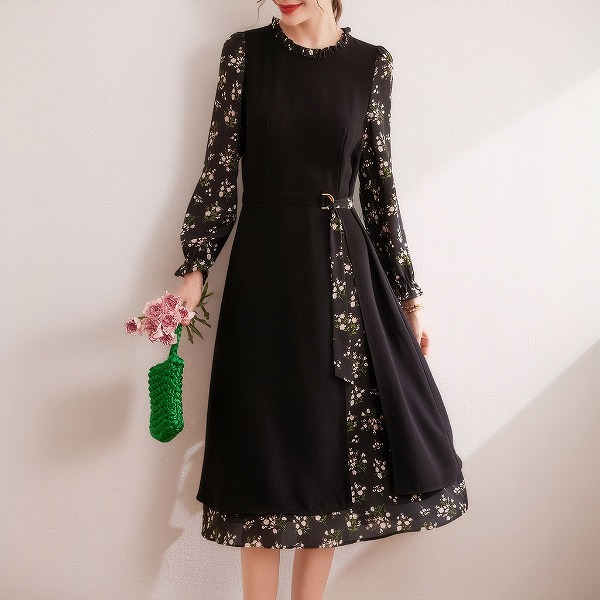 小花ワンピース 丸首の長袖ワンピース レディースファション商品 ワンピース|ドレミファソラ・ねこ