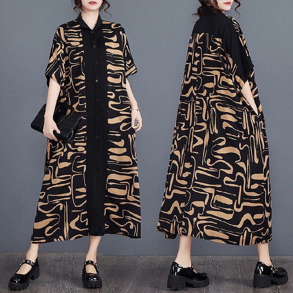 プリントワンピース　ロングシャツ風ワンピース　ゆったりサイズワンピース　人気商品｜ドレミファソラ・ねこ