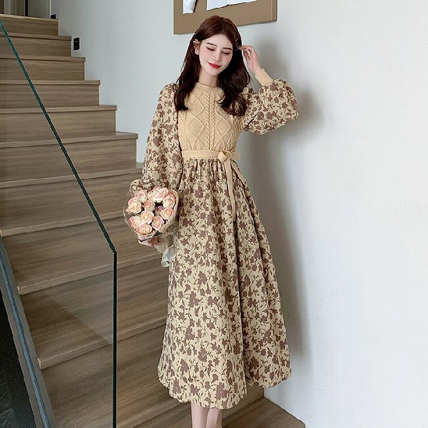ワンピース　パフスリーブベルトフェイク2枚ワンピース　レディースファション商品｜ドレミファソラ・ねこ 12,770円