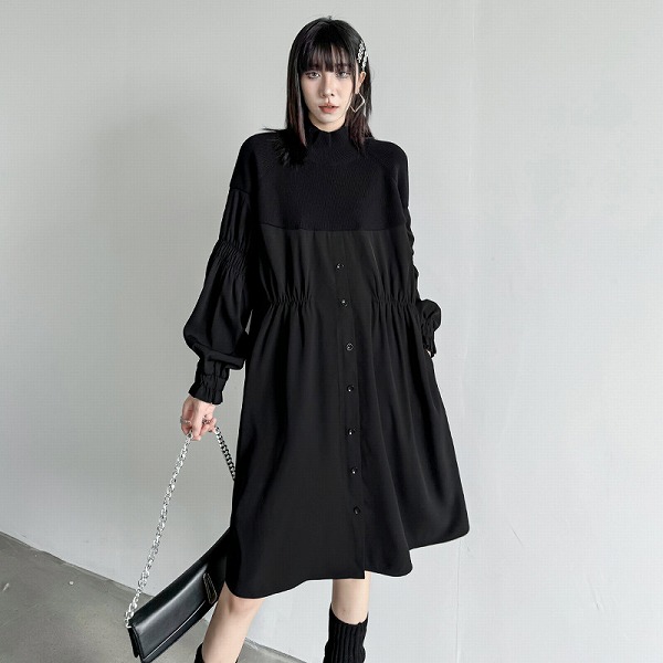 新作 秋冬のゆったりとしたパッチワークのスタンドカラーワンピース|ドレミファソラ・ねこ
