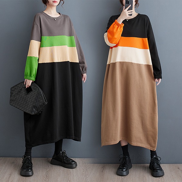 ゆったりとしたワンピース　レーディスファション商品　カジュアル長袖ワンピース｜ドレミファソラ・ねこ