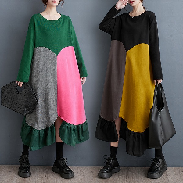 ゆったりとしたワンピース　レーディスファション商品　カジュアル長袖ワンピース｜ドレミファソラ・ねこ