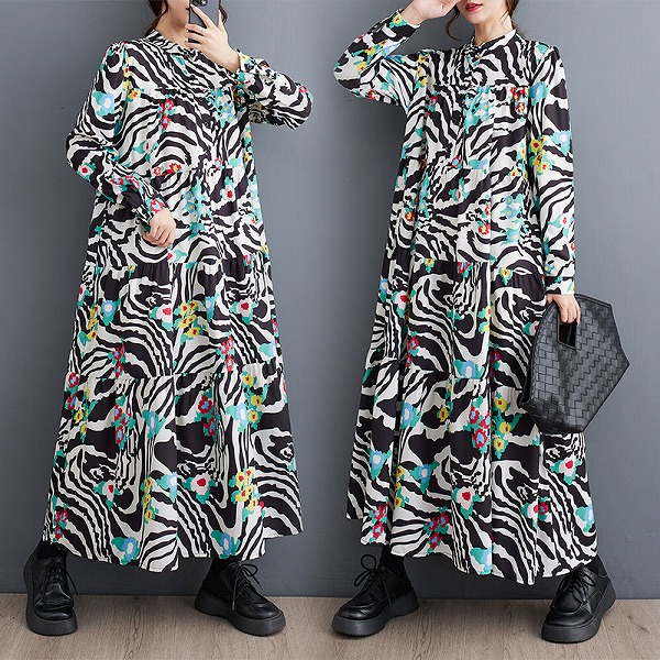 ゆったりとしたワンピース　レーディスファション商品　カジュアル長袖ワンピース｜ドレミファソラ・ねこ