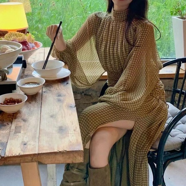 おしゃれなワンピース パフスリーブフォークワンピース レーディスファション洋服|ドレミファソラ・ねこ