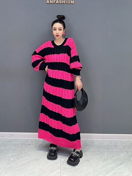 ロングニットワンピース ストライプ レーディスファション洋服 人気ワンピース|ドレミファソラ・ねこ