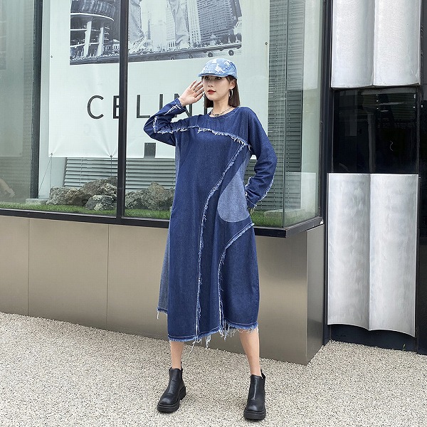 新作長袖クルーネックワンピース　デニムワンピース　レーディスファション洋服