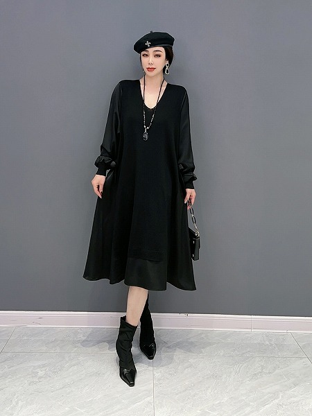 ワンピース おしゃれなパッチワークVネックワンピース レーディスファション洋服|ドレミファソラ・ねこ