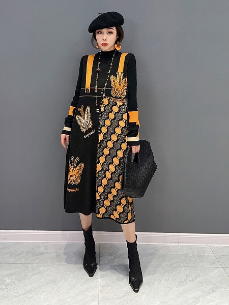 個性的ワンピース　ファッションニットプリントワンピース　人気ワンピース