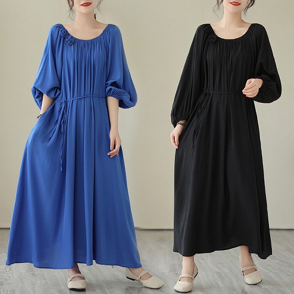 ゆったりサイズワンピース　ロングワンピース　レーディスファションワンピース｜ドレミファソラ・ねこ