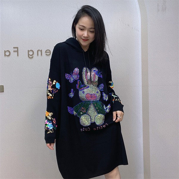 ラージサイズフード付きTシャツ風ワンピース ラインストーン付きロングTシャツ|ドレミファソラ・ねこ