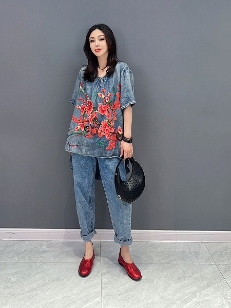 トップス　Tシャツ　パッチワークプリントデニムトップス　レーディスファション商品