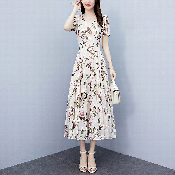 花柄シフォンワンピース カジュアルワンピース レーディスファション商品 人気ワンピース|ドレミファソラ・ねこ