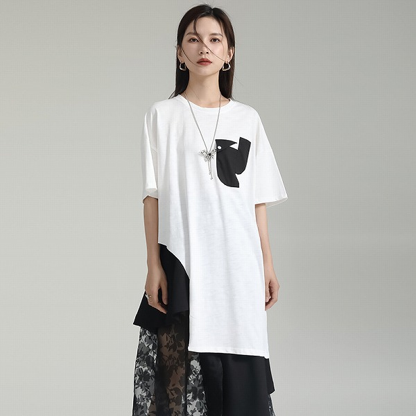 ゆったりミディアム丈トップス Tシャツ クルーネック 半袖 ファション上着商品