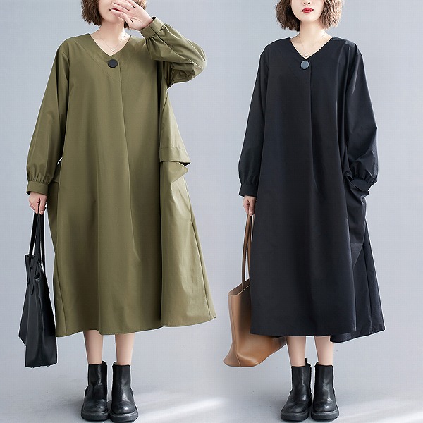ビッグサイズ着やせワンピース　長袖ゆったりVネックワンピース　人気商品