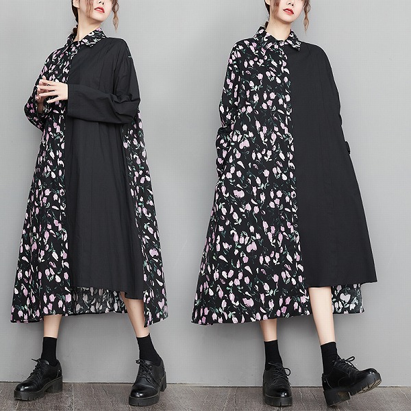 新しい春服の大きいサイズのパッチワークワンピースのシャツワンピースプリント