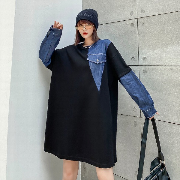 新しい春のゆったりとしたおしゃれなデニムのチュニック人気商品ファション服トップス