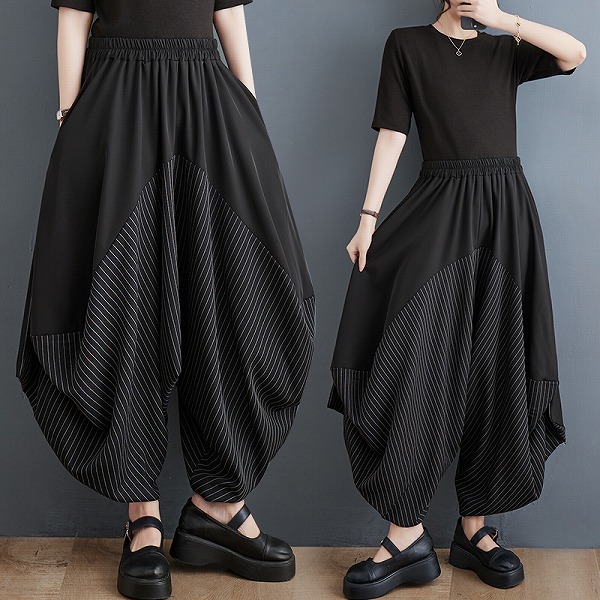 ゆったりとしたパッチワークのワイドパンツ　ストライプ　レーディスファション商品｜ドレミファソラ・ねこ