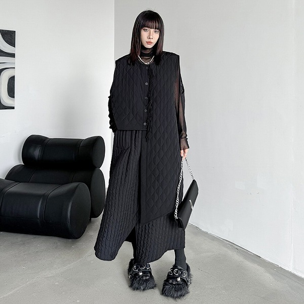 新作秋冬ゆったり重ね着アンバランス綿ベストコート　人気コート｜ドレミファソラ・ねこ
