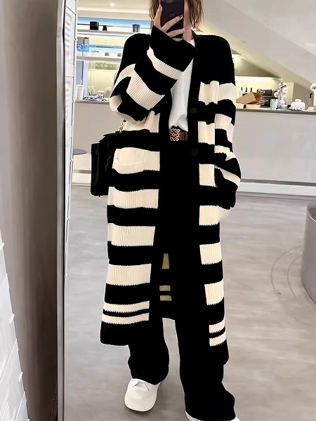 ニットトップスコート　ストライプカーディガン　ロングカーディガン　人気商品