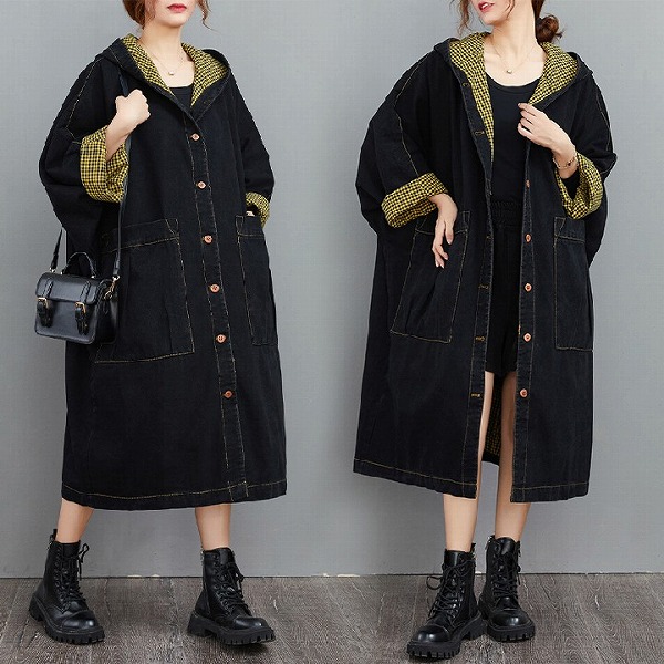 カジュアルフード付きコート　厚手デニムコート　冬ファションコート　人気商品｜ドレミファソラ・ねこ