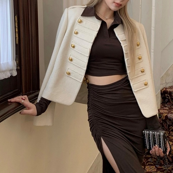 早秋のダブルブレストコート レーディスファション洋服 おしゃれなショートコート|ドレミファソラ・ねこ