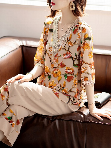 夏服　新作半袖シフォンTシャツ　上着パンツ2点セット　レディースファション商品