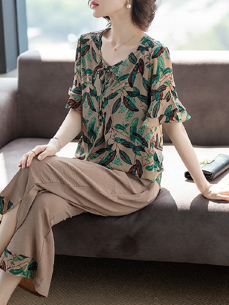 夏服　新作半袖気質シフォンTシャツ　おしゃれ上着パンツ2点セット　人気商品