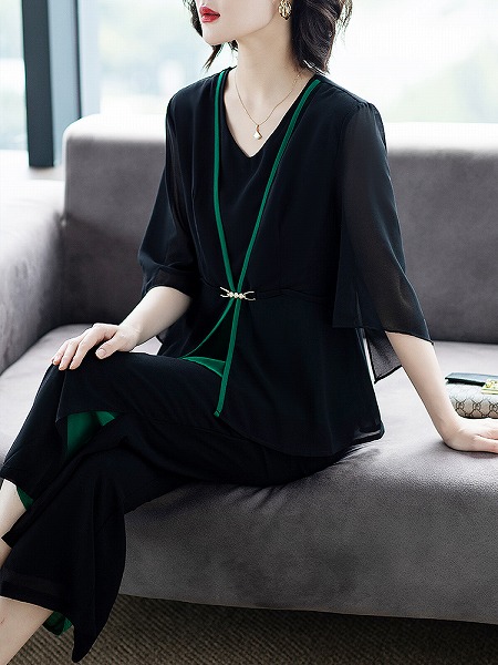夏服　新品　シフォン中袖上着とパンツ2点セット　おしゃれ上着　トップス　セット