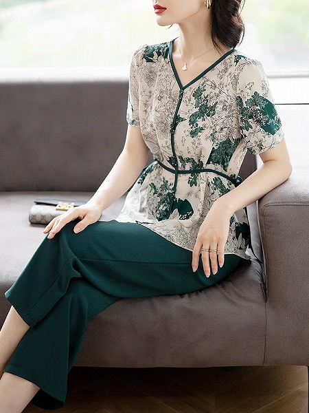 夏服　新作半袖気質シフォン上着とパンツ2点セット　おしゃれ上着　トップス　セット｜ドレミファソラ・ねこ