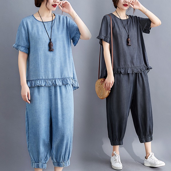 ゆったりサイズ　　着やせセット　レディースファションセットアップ　上下セット｜ドレミファソラ・ねこ