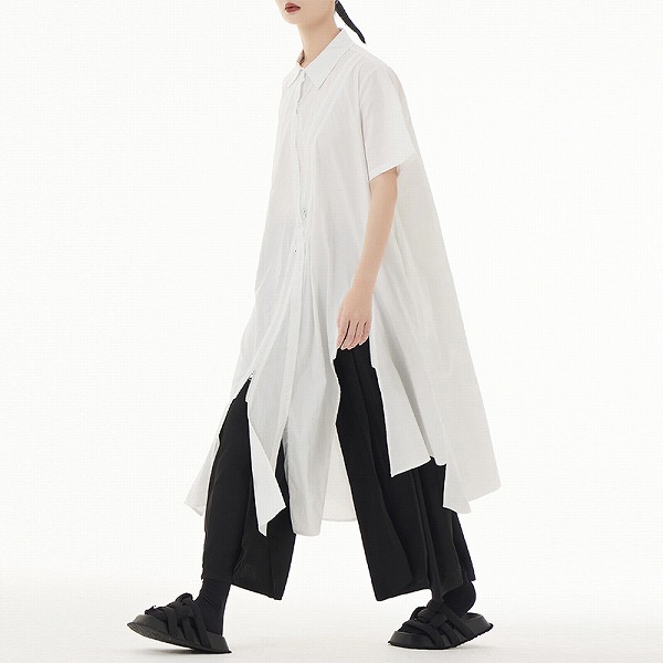 夏の韓国風　半袖ゆったりおしゃれロングシャツ　シャツ風ワンピース　人気商品
