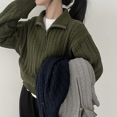 ニットセーターン秋冬の朦々たるニットトップス女レトロな麻の花の二分の一ファスナーのけだるさ遊撃手丈スウェーター
