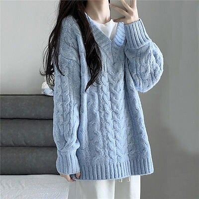ミルクブルーVネックに厚手の麻セーター女子学生秋冬新作ゆったりニット 7,569円