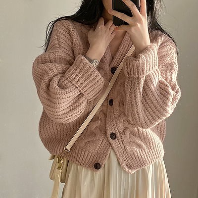 ニットベスト韓国chic秋レトロ小柄シングルブレスト麻花セーター女ゆったりニット長袖ニットセーターコ
