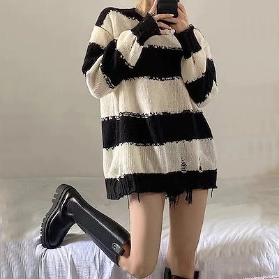 ニットベスト白と黒のストライプセーター女性の秋新韓系けだるい風ゆったり外着春秋長袖ニットトッ