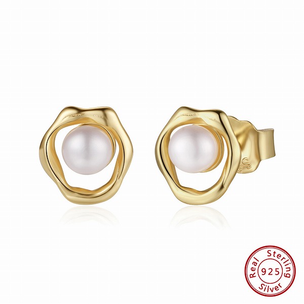 100%S925シルバーピアス 　14K金メッキ　天然淡水パールピアス　YQ-GPE74