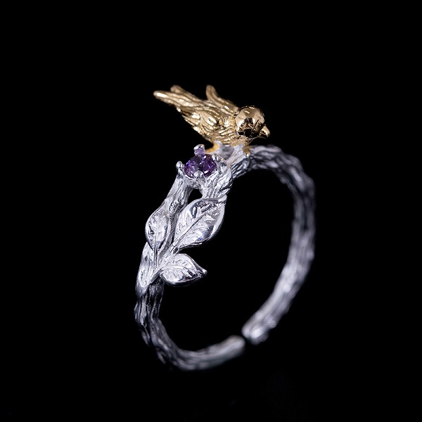 100％S925シルバー 小鳥リング　天然アメジスト付き　高品質シルバアクセサリー