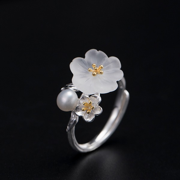 100％S925しろがね色 結晶梅の花 生まれながら真水パール付き添い人輪っか  高品質シルバアクセサリー