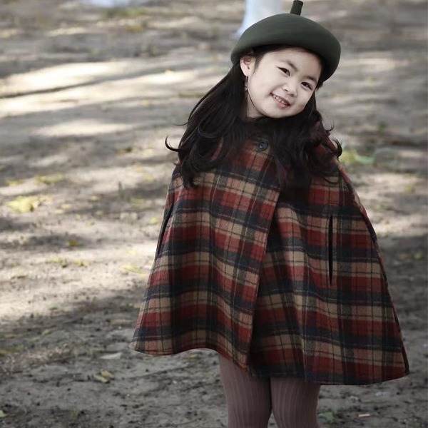 冬新品 韓国風子供服 ベビー服 キッズ服 マント トップス チェック柄 コートお出かけ 可愛い