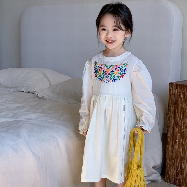 春新品 韓国風子供服 キッズ服 ベビー服 長袖 レース 刺繍 ワンピース 結婚式 INS