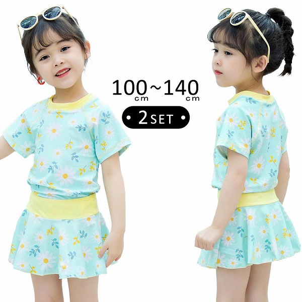 夏新品 キッズ 水着 女の子 フレアスカート 2点セット ウエストゴム 着やすい 子供｜ドレミファソラ・ねこ