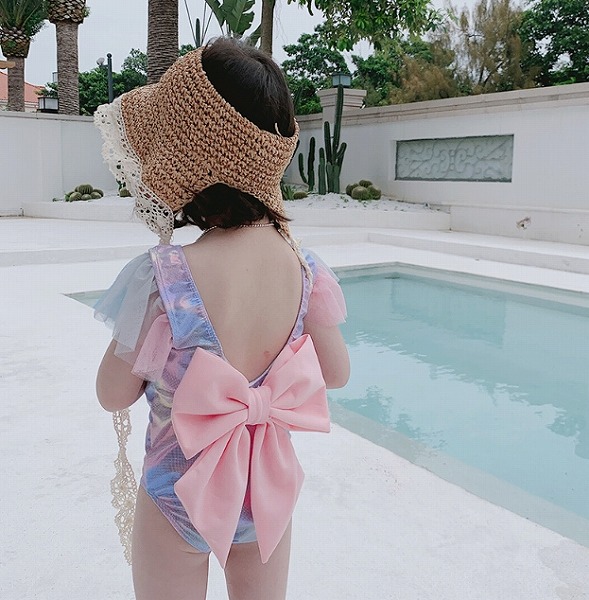 韓国風赤ちゃん服 水泳着 バックリボンフリル 衣装水泳着 うしろ帯 流行り 夏