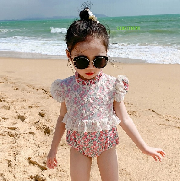 夏新作 韓国風子供服 水着 花柄フリルレース付き ワンピース水着 セパレート 女の子 花柄 大人気