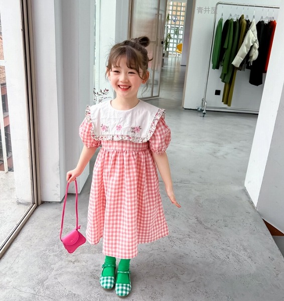 春夏新作 韓国風子供服 ベビー服 半袖 ワンピース チェック柄 ドレス 刺繍 女の子 可愛い 夏