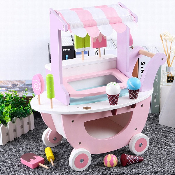木製シミュレーションプレイハウスアイスクリーム子供用ショッピングカートおもちゃスーパーマーケットカー
